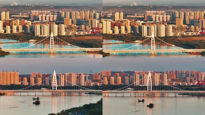 沈阳浑河高坎大桥日落航拍4K大气城市风景
