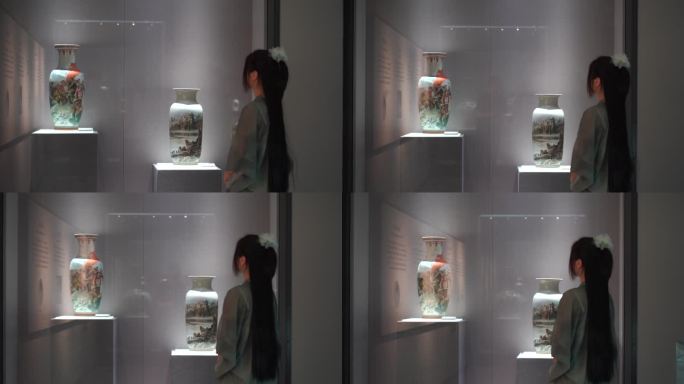美女参观博物馆看展览女人欣赏陶瓷艺术品