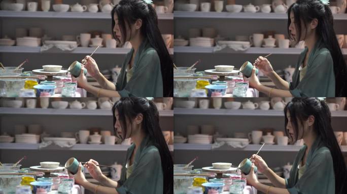 美女游客体验制作陶瓷手工艺术品瓷器碗拉坯
