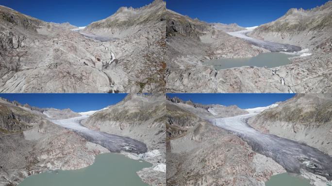罗纳冰川(Rhonegletscher)的航拍全景，位于瑞士瓦莱州富尔卡山口附近。从24帧每秒加速2