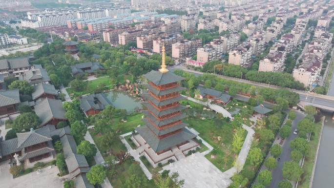 航拍上海宝山寺佛教寺院自然风光