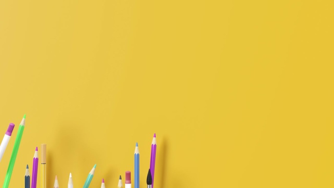 色彩缤纷的学校文具，黄色背景上的用品与复制空间。底部边界。适用于公告、广告。教育，日托，学前教育。回