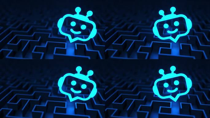 无缝循环。有趣的蓝色霓虹聊天机器人在迷宫迷宫。人工智能帮助人们寻找答案和解决方案。