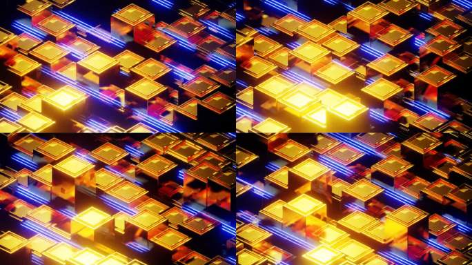 金色和蓝色科幻霓虹运动背景VJ循环动画在4K