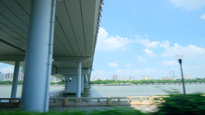 车窗外沿途景色城市广州珠江风景