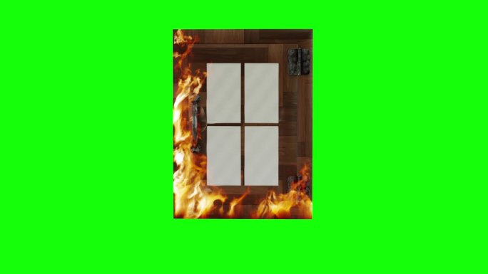 窗户着火了。动画的窗口燃烧在一个绿色的背景。烧焦的木窗
