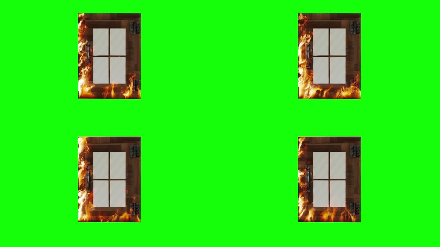 窗户着火了。动画的窗口燃烧在一个绿色的背景。烧焦的木窗