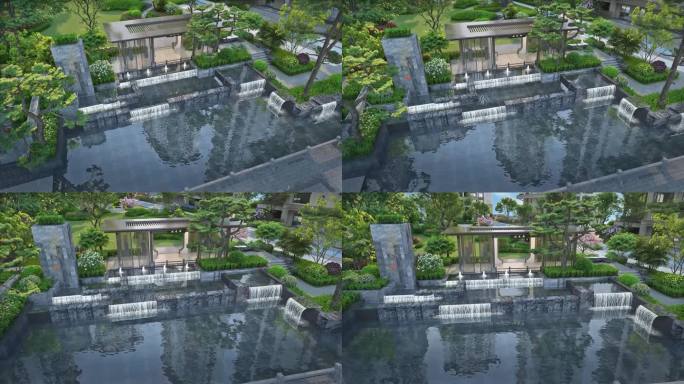 俯拍中庭水景园林动画素材
