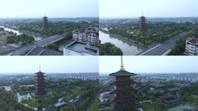 航拍上海宝山寺佛教寺院自然风光