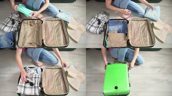 一个人把他的手提箱装上一叠钱准备长途旅行。盖上绿色的行李箱，手提行李里的衣服拉上拉链。旅游者为旅行打