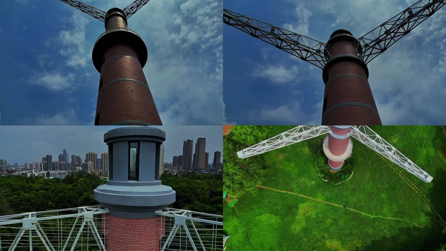 近距离航拍飞越武汉市青少年宫老建筑跳伞塔