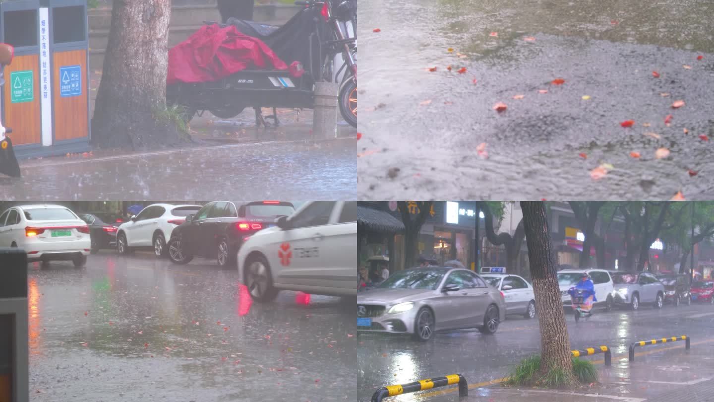 城市下暴雨下雨天汽车人流街道街头街景雨景