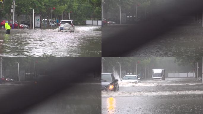 大雨中涉水通过的汽车