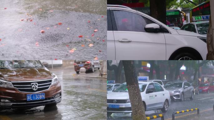 城市下暴雨下雨天汽车人流街道街头街景雨景