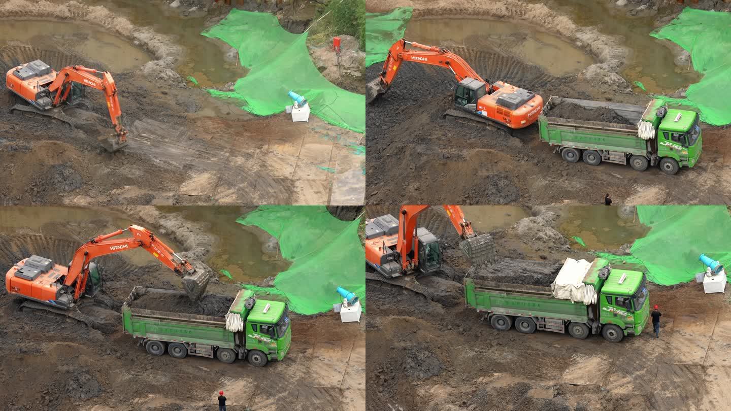挖掘机挖土 工地施工 土方运输车