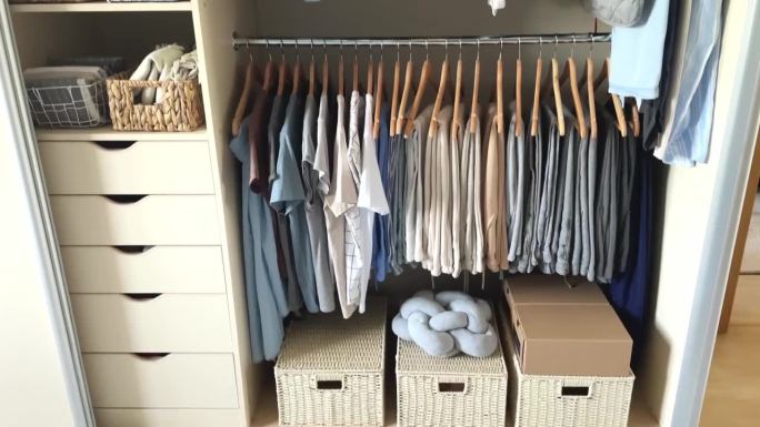 衣架上有蓝色和浅色的衣服，衣柜里有集装箱里的东西。空间组织的概念，衣服的存放和房子的秩序。