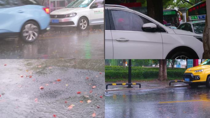 城市下暴雨下雨天汽车人流街道街头街景雨景