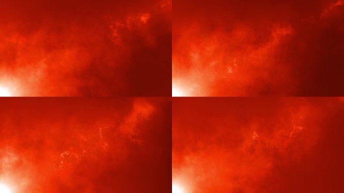 摘要环橙红色光学耀斑光烟云火粒子流从左下到右上的黑色背景效果动画。4K 3D大气软雾，烟雾，嘈杂与尘