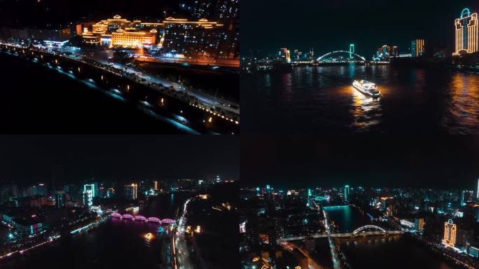 甘肃兰州黄河中山桥航拍夜景
