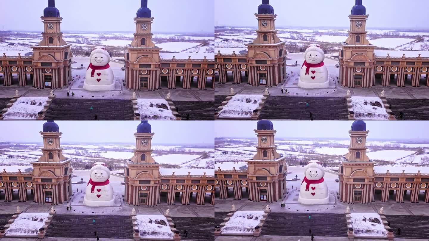 哈尔滨广场雪人航拍雪景风光