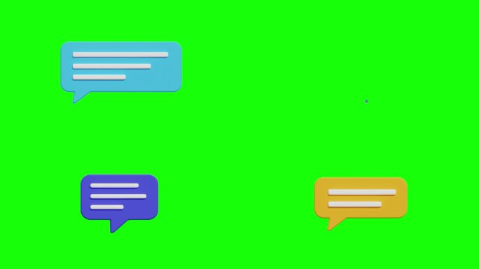 一套3d说话气泡。聊天框，留言框。彩色弹出图标。绿色屏幕上的3D语音气泡动画。无缝循环