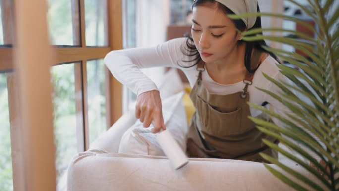 亚洲美女在家打扫室内客厅，女孩家庭主妇管家清洁工感到快乐和擦拭凌乱肮脏的工作台面为管家家务或杂务。