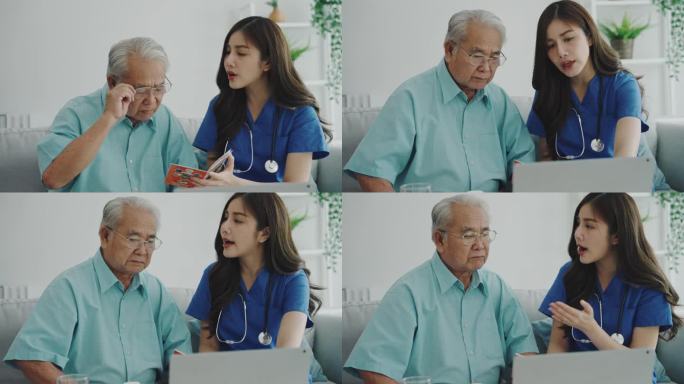 年轻的亚洲护士提供老年人在家健康方面的信息。