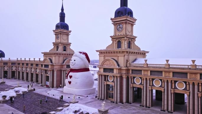 哈尔滨广场雪人环绕航拍