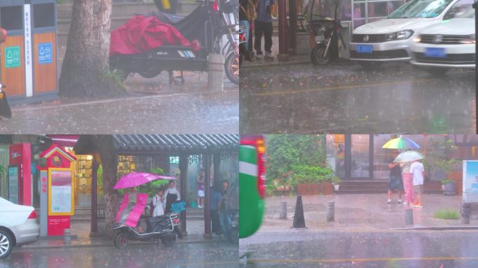 城市下暴雨下雨天汽车人流街道街头街景雨景