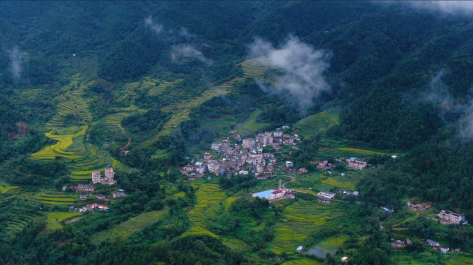 云雾缭绕梯田山村