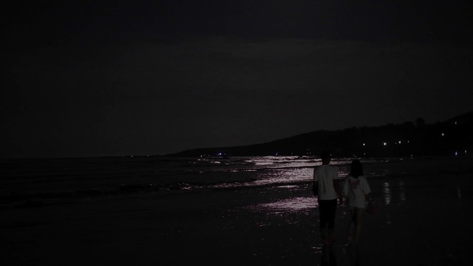 月光下海边散步的情侣