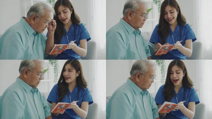 年轻的亚洲护士提供老年人在家健康方面的信息。