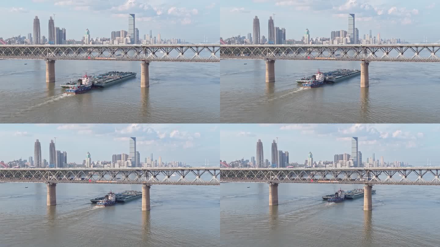湖北长江运输大型油船经过武汉长江大桥航拍