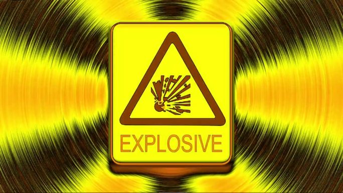动画闪烁“爆炸性材料”的标志，标志，警告在橙色背景