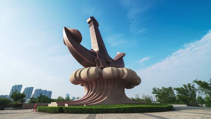 西安霸河大桥西满港广场船锚雕塑延时