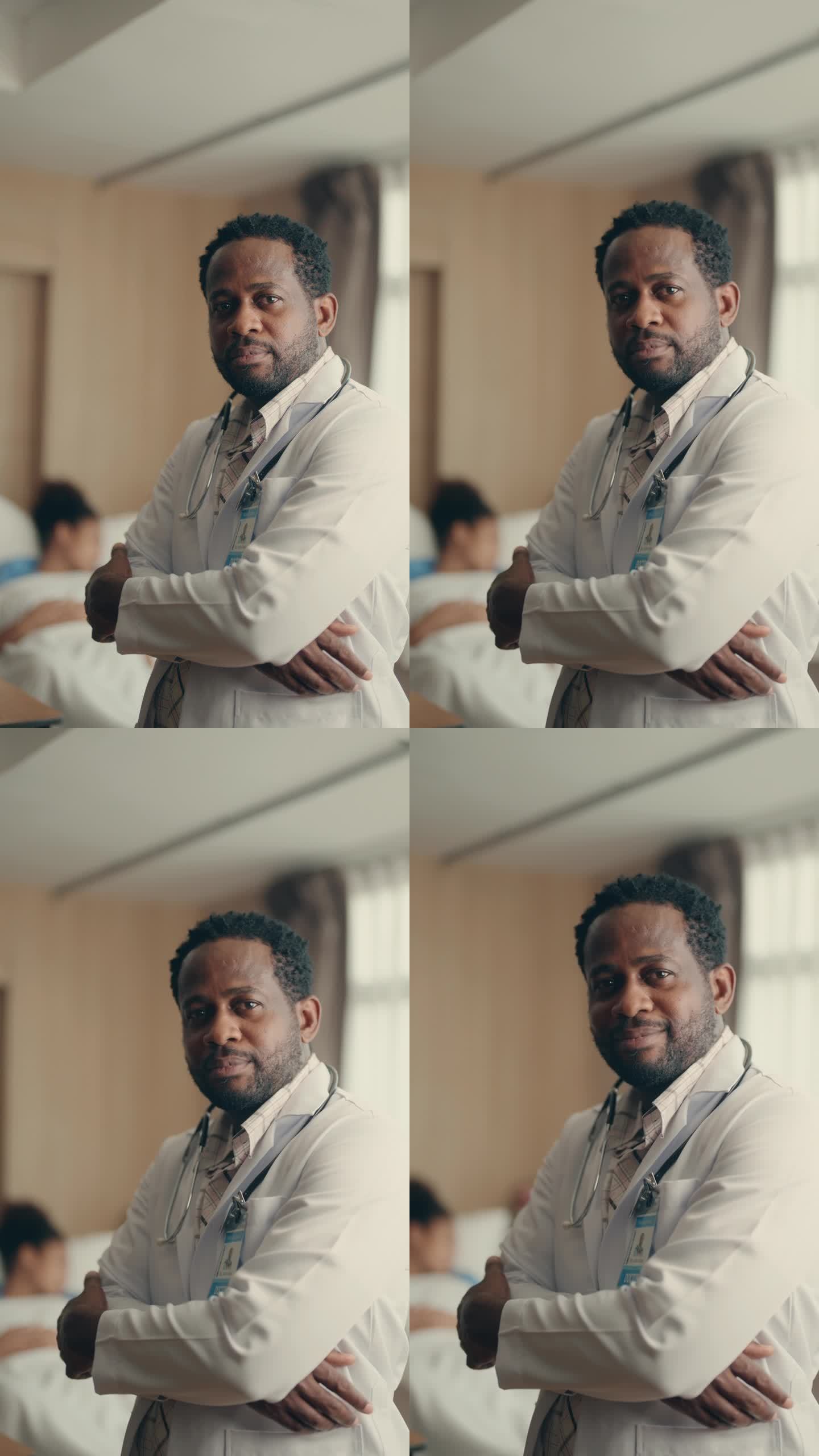 经验丰富的非洲医生在医院设置。成熟的医疗保健专业人员的肖像与值得信赖的风度。