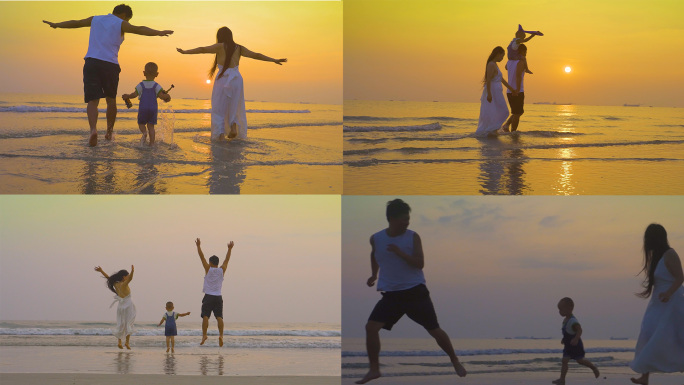 幸福的一家三口海边沙滩上欢乐玩耍嬉戏追逐