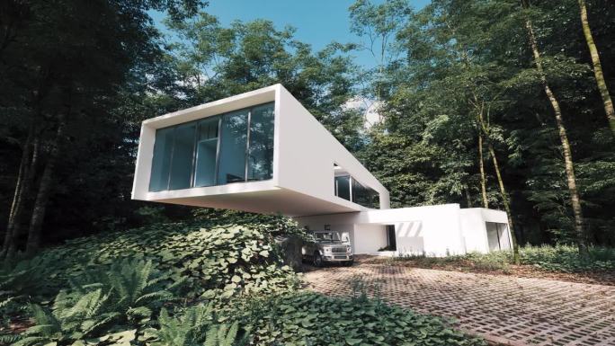 森林中的现代住宅。三维可视化