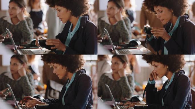 年轻的混血女性使用笔记本电脑在咖啡馆工作，在社交媒体上分享信息，在繁忙的餐馆工作，享受喝咖啡