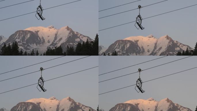 日落后，缆车静静地坐着，背景是勃朗峰的景色