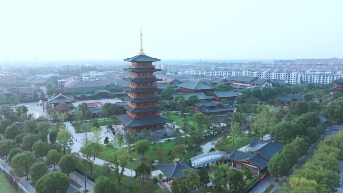 航拍上海宝山寺佛教寺院自然风光