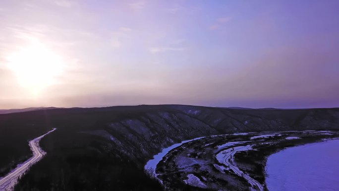 98漠河夕阳雪景航拍