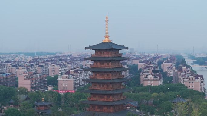 航拍上海宝山寺佛教寺院自然风光