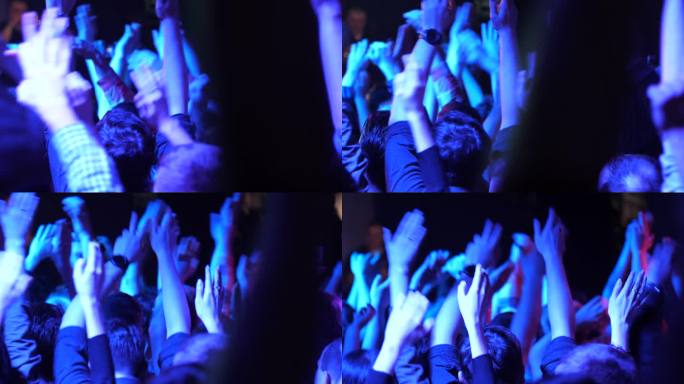 在免费音乐会上，欢呼雀跃的年轻人一边举起手，一边挥手