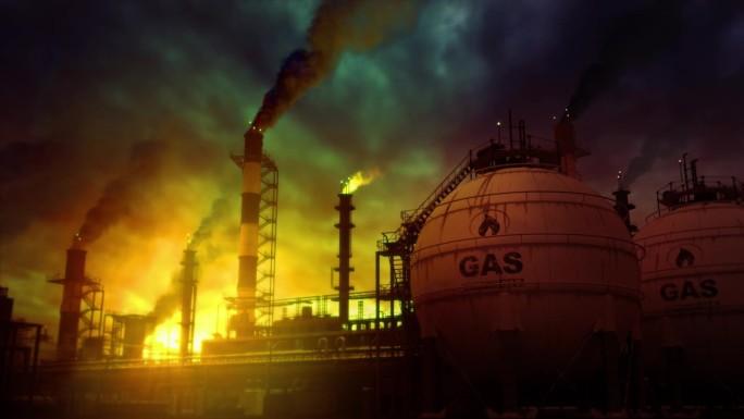 神秘的液体可燃气体-液化天然气重工业在日落，有效的循环视频