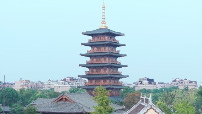 航拍上海宝山寺佛教寺院自然风光