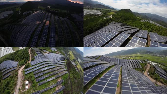 光伏基地 日出霞光 山顶太阳能板