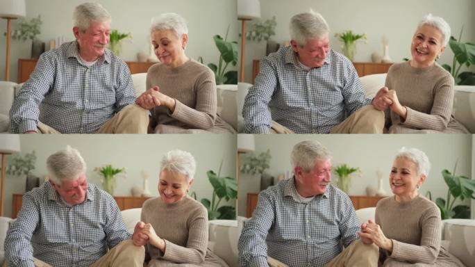 成年夫妇在家里牵着手相爱。中年老夫老妻看着温柔爱着幸福。奶奶爷爷在一起。亲情时刻的爱和关怀。
