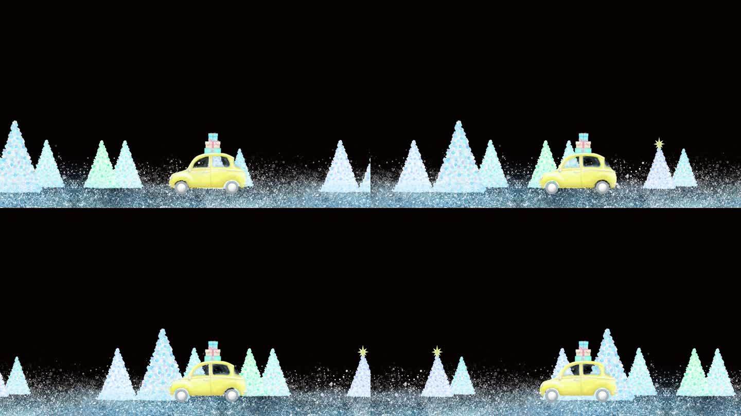 在一个透明背景的循环动画中，一辆载着礼物的汽车穿过一片圣诞树森林。