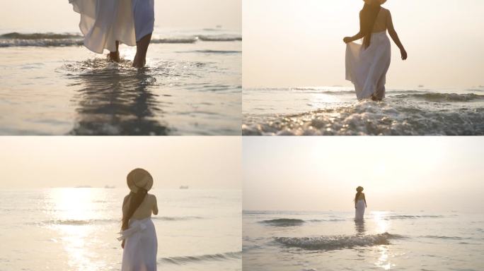 女孩海边散步看海日落美景心情愉悦夕阳美女